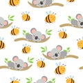 Seamless pattern with koala babies sleeping on eucalyptus branches and Yellow bees. White background. Flat design. Cartoon style. Royalty Free Stock Photo